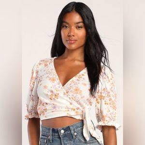 Lulus Blooming Babe Ivory Ribbed Floral Puff Sleeve Faux-Wrap Top (Size XL)